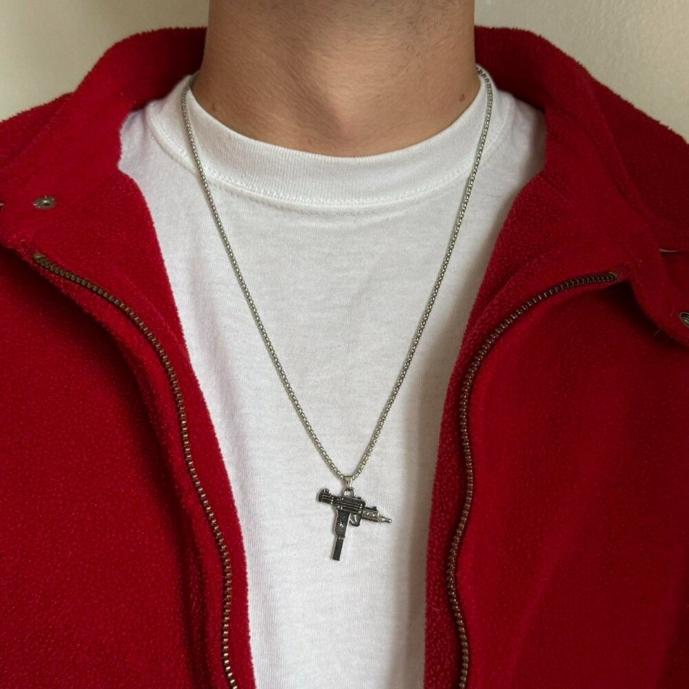 y2k 2000s heavy metal gothic gun pendant silver mini uzi chain necklace - Picture 7 of 8